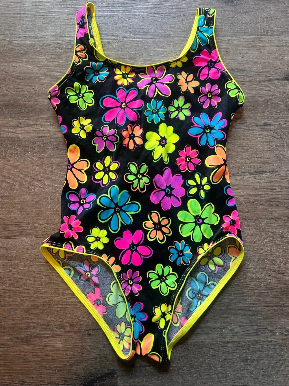 La Blanca Girls One Piece Swimsuit Size 16 Black Neon Floral Yellow Trim